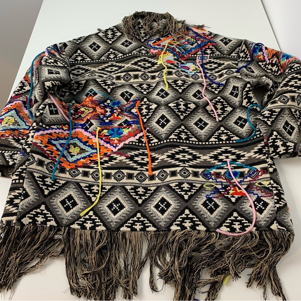 Zara Open Cardigan Jacket Tapestry Fringes Sz XS Oversized Multicolor Aztec Boho - Picture 15 of 15